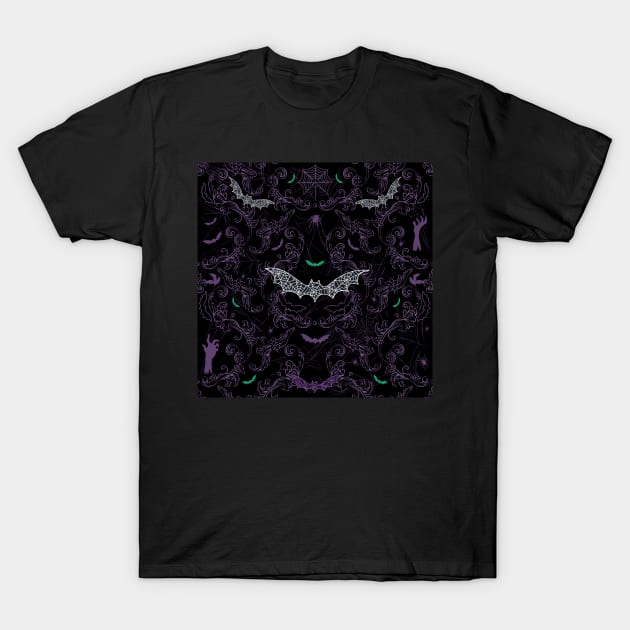 Purple Spiderweb Bat Pattern T-Shirt by shaireproductions